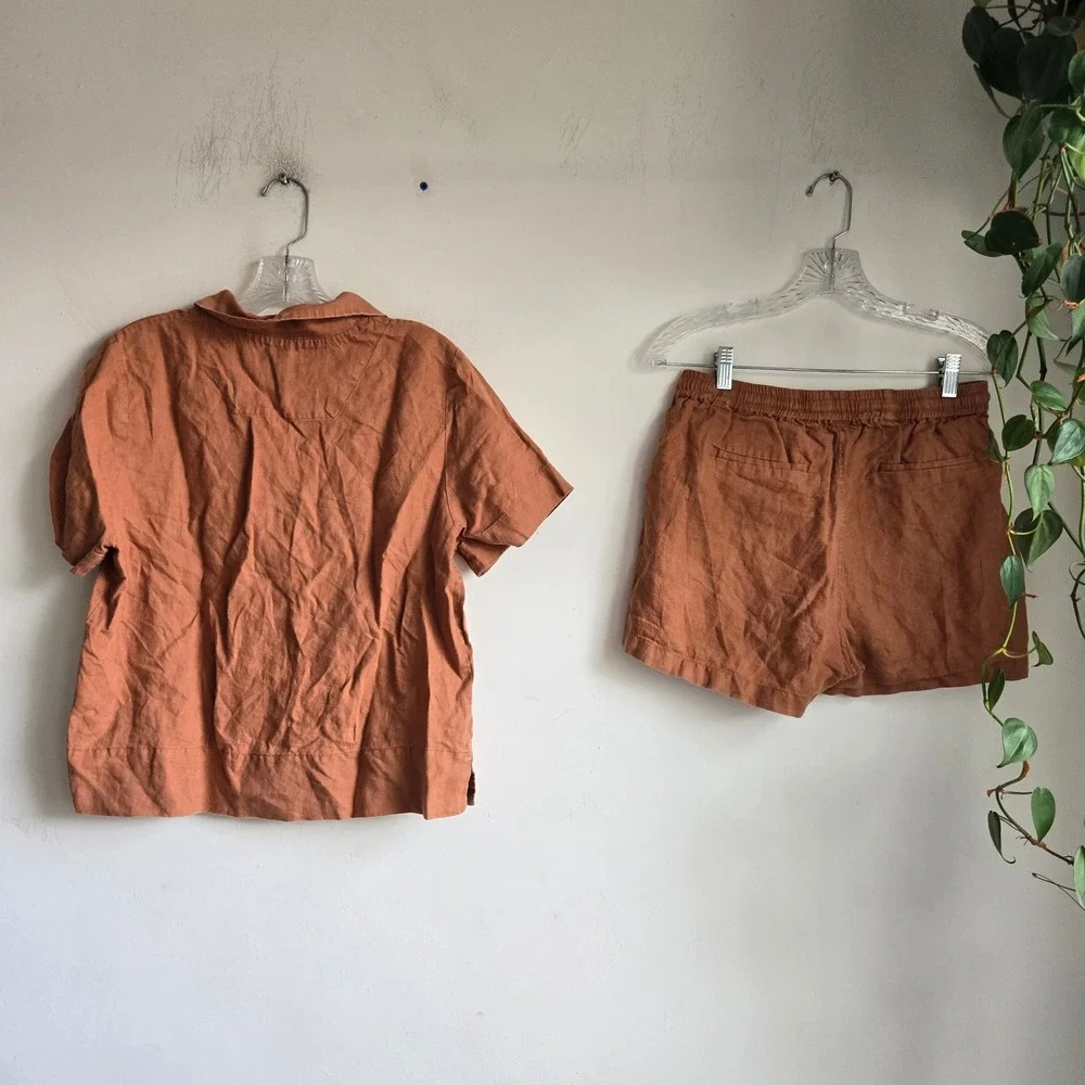 Quince S Linen Set Women Terracotta Excellent Short Sleeve Shirt and Shorts 2pc